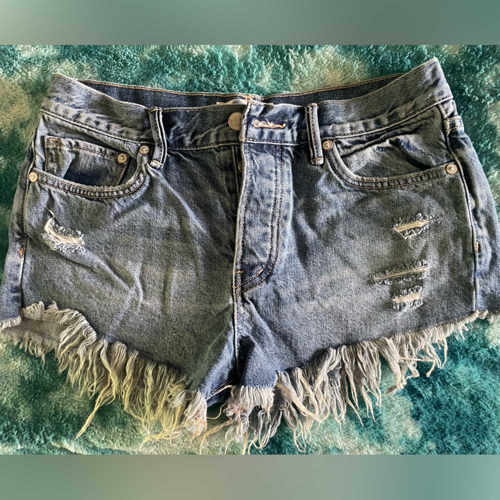 We The Free Blue Jean Shorts Distressed Raw Hem